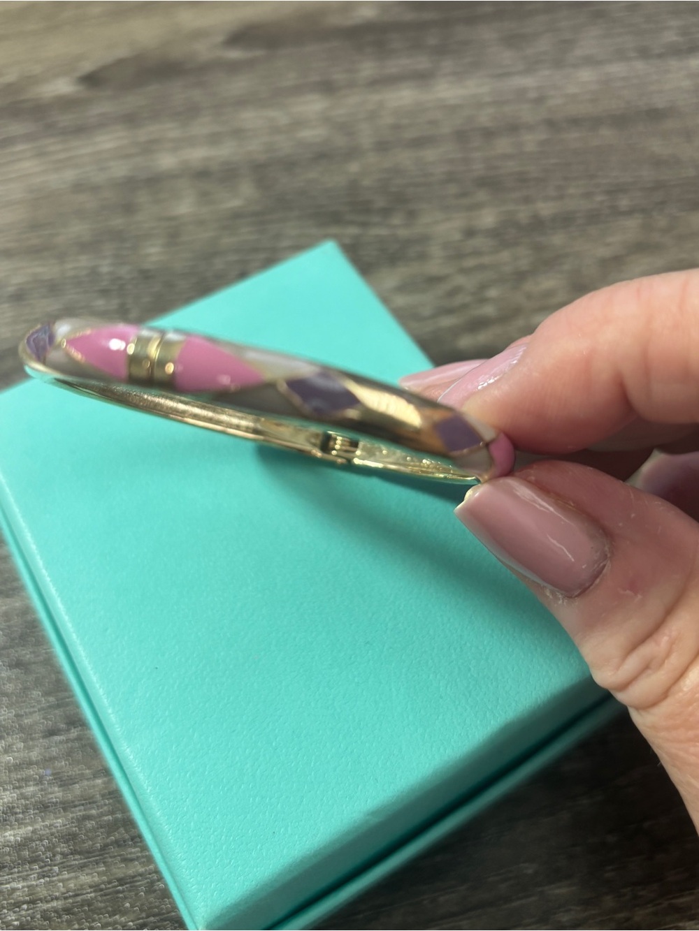 Gold Tone Hinged Bangle Bracelet with Pink and Purple Enamel - NWOT